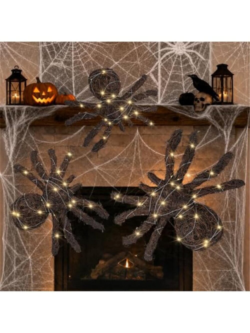 3 Pcs Halloween Rattan Woven Fake Spider Decor with String Lights
